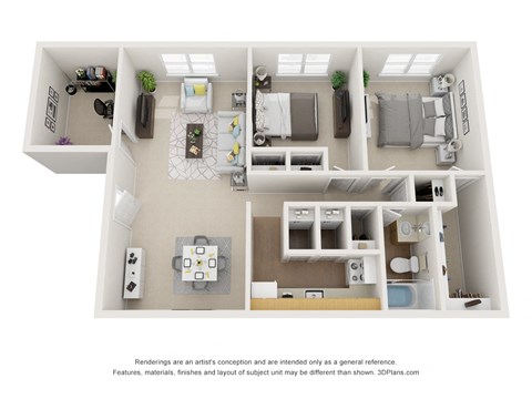 Floor plan for 2 beds, 1 bath, 968 sqft